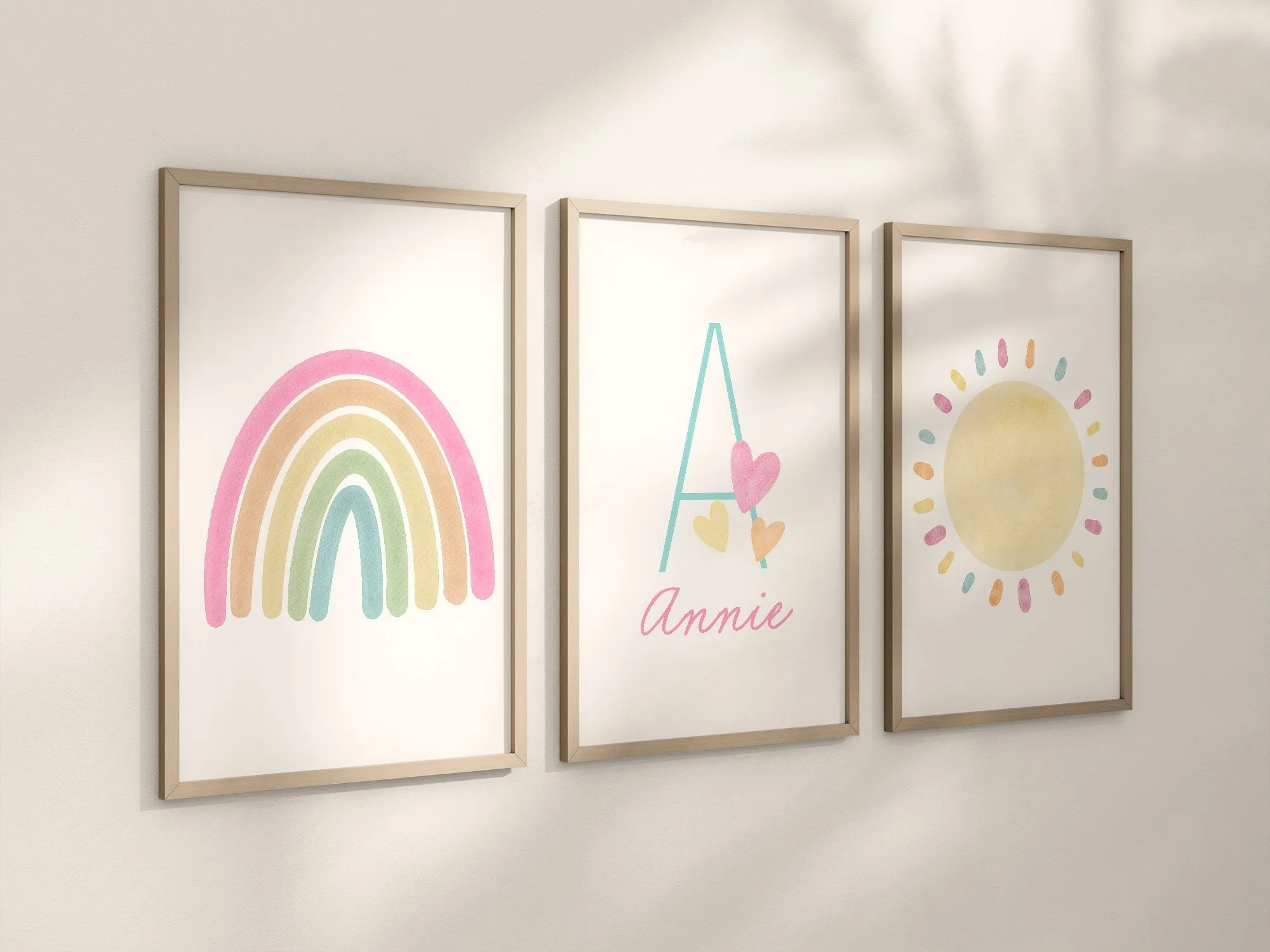 Personalized Pastel Rainbow Sun Hearts Set of 3 Nursery Art Prints, Colorful Nursery Wall Art, Decor, Play Room, Baby Room Ideas