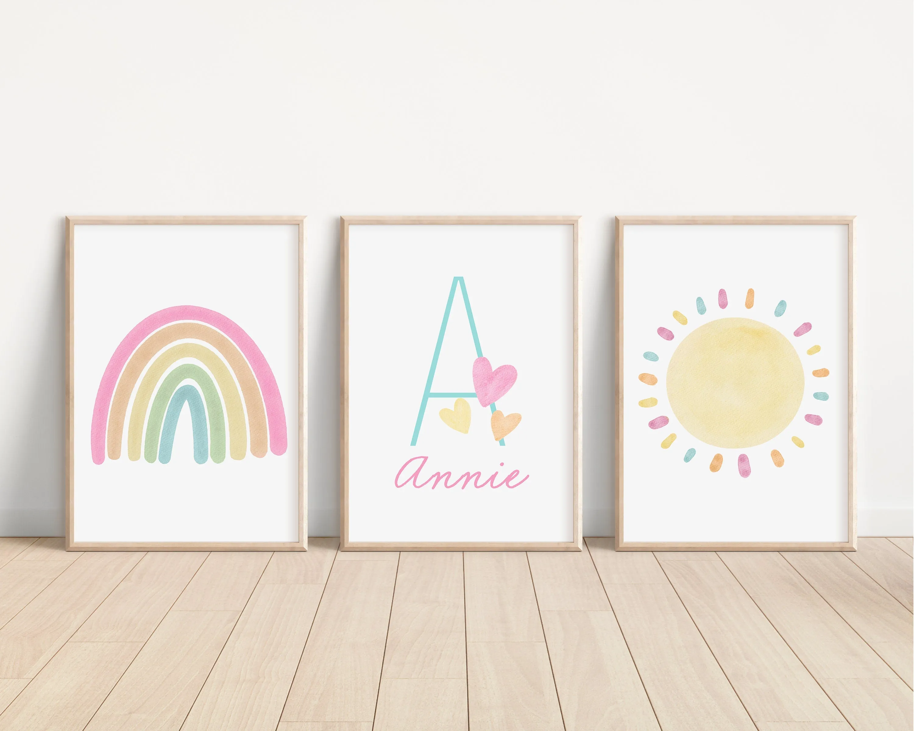 Personalized Pastel Rainbow Sun Hearts Set of 3 Nursery Art Prints, Colorful Nursery Wall Art, Decor, Play Room, Baby Room Ideas