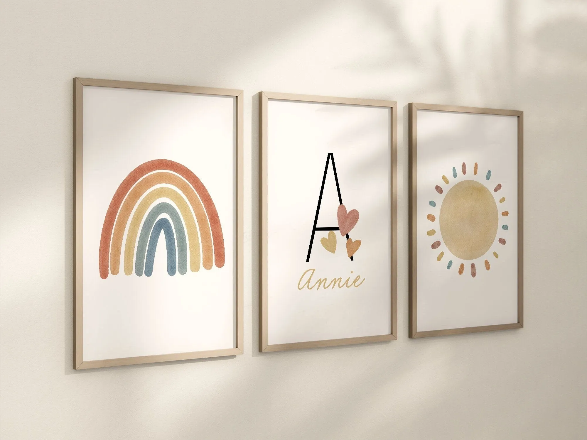 Personalized Rainbow Sun Hearts Set of 3 Nursery Art Prints, Colorful Nursery Wall Art, Decor, Play Room, Baby Room Ideas, 108