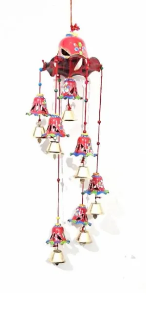 Rajasthani Vinatage Design Handpainted Door Wall Decor Hanging Bell Windchime Red |Traditional Rustic Latkan Bells Positive Vibrations & Energy for Home & Office Decor