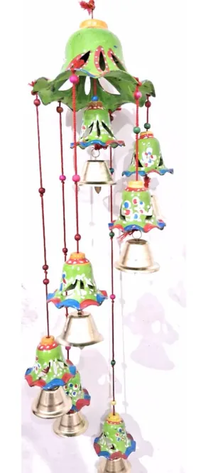 Rajasthani Vintage Design Handcrafted Door Wall Hanging Decor Windchimes Green Handpainted Rustic Traditional Latkan with 7 Bells for Home Decor & Balcony for Positive Energy & Vibes