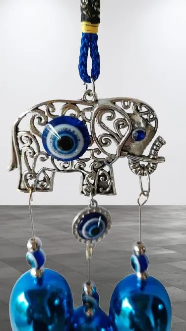Revashree Craft World 3 Bells Elephant Blue Wall Hanging Evil Eye Wind Chimes for Home Décor Items for Living Room Entrance Balcony Garden for Positive Energy Protection Vastu