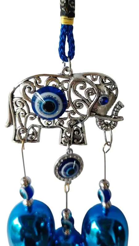 Revashree Craft World 3 Bells Elephant Blue Wall Hanging Evil Eye Wind Chimes for Home Décor Items for Living Room Entrance Balcony Garden for Positive Energy Protection Vastu