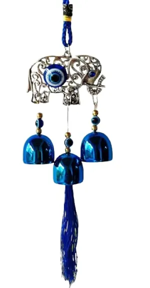 Revashree Craft World 3 Bells Elephant Blue Wall Hanging Evil Eye Wind Chimes for Home Décor Items for Living Room Entrance Balcony Garden for Positive Energy Protection Vastu