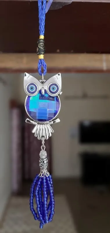 Revashree Craft World Aowl Evil Eye Car Hanging Handmade Hangings for Positivity (Can be Used as Home Decor, Gift, Wall Hangings, Meditation Room, Yoga Temple, Wind Chime)