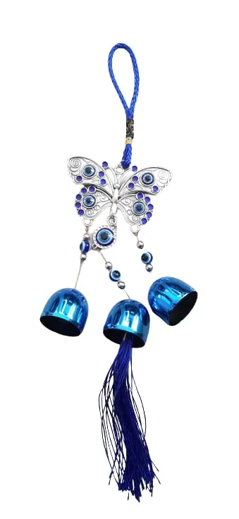 Revashree Craft World Batterfly with 3 Bells Blue Wall Hanging Evil Eye Wind Chimes for Home Décor Items for Living Room Entrance Balcony Garden for Positive Energy Protection Vastu
