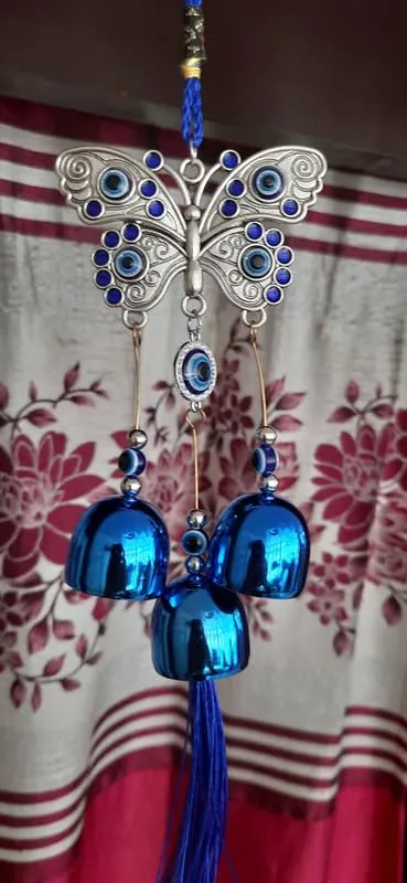 Revashree Craft World Batterfly with 3 Bells Blue Wall Hanging Evil Eye Wind Chimes for Home Décor Items for Living Room Entrance Balcony Garden for Positive Energy Protection Vastu