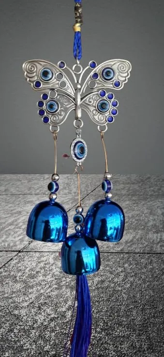 Revashree Craft World Batterfly with 3 Bells Blue Wall Hanging Evil Eye Wind Chimes for Home Décor Items for Living Room Entrance Balcony Garden for Positive Energy Protection Vastu