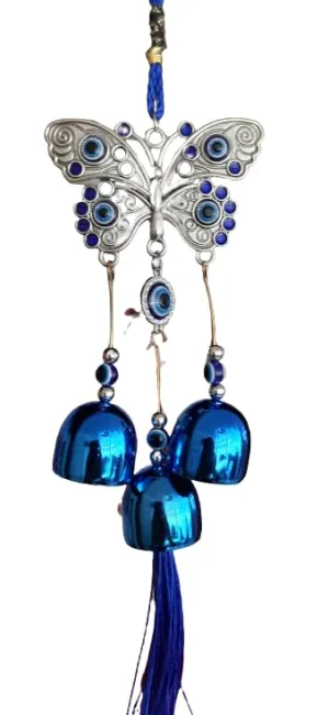 Revashree Craft World Batterfly with 3 Bells Blue Wall Hanging Evil Eye Wind Chimes for Home Décor Items for Living Room Entrance Balcony Garden for Positive Energy Protection Vastu