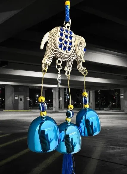 Revashree Craft World Elephant with 3 Bells Blue Wall Hanging Evil Eye Wind Chimes for Home Décor Items for Living Room Entrance Balcony Garden for Positive Energy Protection Vastu