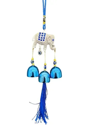 Revashree Craft World Elephant with 3 Bells Blue Wall Hanging Evil Eye Wind Chimes for Home Décor Items for Living Room Entrance Balcony Garden for Positive Energy Protection Vastu