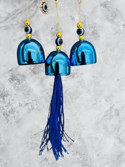 Revashree Craft World Elephant with 3 Bells Blue Wall Hanging Evil Eye Wind Chimes for Home Décor Items for Living Room Entrance Balcony Garden for Positive Energy Protection Vastu