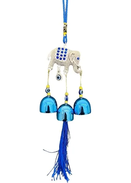 Revashree Craft World Elephant with 3 Bells Blue Wall Hanging Evil Eye Wind Chimes for Home Décor Items for Living Room Entrance Balcony Garden for Positive Energy Protection Vastu