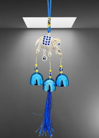 Revashree Craft World Elephant with 3 Bells Blue Wall Hanging Evil Eye Wind Chimes for Home Décor Items for Living Room Entrance Balcony Garden for Positive Energy Protection Vastu