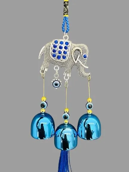 Revashree Craft World Elephant with 3 Bells Blue Wall Hanging Evil Eye Wind Chimes for Home Décor Items for Living Room Entrance Balcony Garden for Positive Energy Protection Vastu