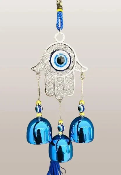 Revashree Craft World Hamsa Hand with 3 Bells Evil Eye Car Hanging Handmade Hangings for Positivity (Can be Used as Home Decor, Gift, Wall Hangings, Meditation Room, Yoga Temple, Wind Chime)