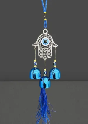 Revashree Craft World Hamsa Hand with 3 Bells Evil Eye Car Hanging Handmade Hangings for Positivity (Can be Used as Home Decor, Gift, Wall Hangings, Meditation Room, Yoga Temple, Wind Chime)