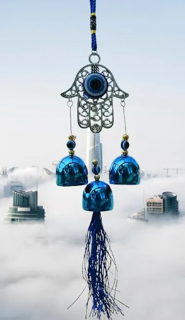 Revashree Craft World Hamsa Hand with 3 Bells Evil Eye Car Hanging Handmade Hangings for Positivity (Can be Used as Home Decor, Gift, Wall Hangings, Meditation Room, Yoga Temple, Wind Chime)