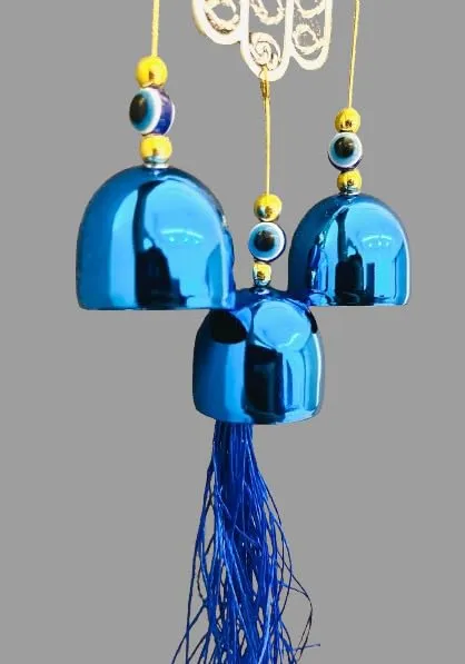 Revashree Craft World Hamsa Hand with 3 Bells Evil Eye Car Hanging Handmade Hangings for Positivity (Can be Used as Home Decor, Gift, Wall Hangings, Meditation Room, Yoga Temple, Wind Chime)