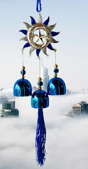 Revashree Craft World Sunmoon Chakra with 3 Bells Blue Wall Hanging Blue Evil Eye for Home Entrance Car Door Office for Good Luck Success Prosperity Health Wealth