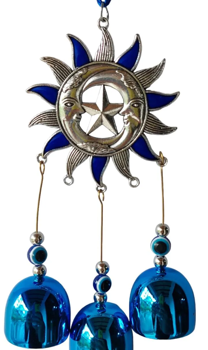 Revashree Craft World Sunmoon Chakra with 3 Bells Blue Wall Hanging Blue Evil Eye for Home Entrance Car Door Office for Good Luck Success Prosperity Health Wealth