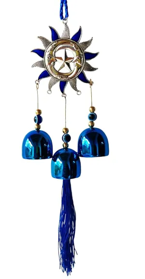 Revashree Craft World Sunmoon Chakra with 3 Bells Blue Wall Hanging Blue Evil Eye for Home Entrance Car Door Office for Good Luck Success Prosperity Health Wealth