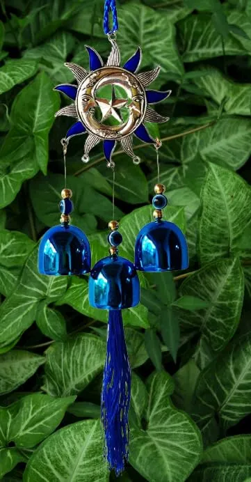 Revashree Craft World Sunmoon Chakra with 3 Bells Blue Wall Hanging Blue Evil Eye for Home Entrance Car Door Office for Good Luck Success Prosperity Health Wealth