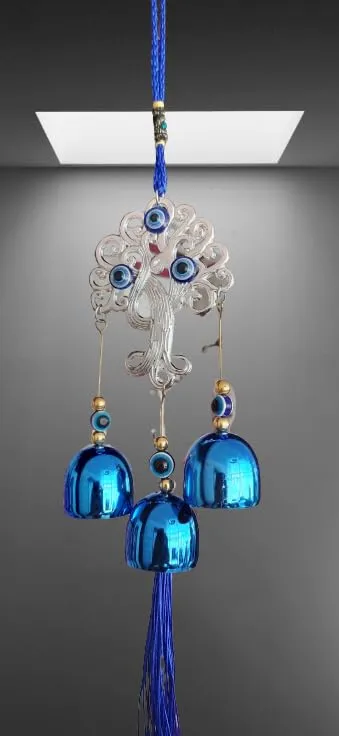 Revashree Craft World Tree with 3 Bells Blue Wall Hanging Blue Evil Eye for Home Entrance Car Door Office for Good Luck Success Prosperity Health Wealth