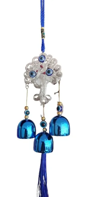 Revashree Craft World Tree with 3 Bells Blue Wall Hanging Blue Evil Eye for Home Entrance Car Door Office for Good Luck Success Prosperity Health Wealth