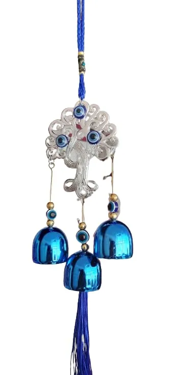 Revashree Craft World Tree with 3 Bells Blue Wall Hanging Blue Evil Eye for Home Entrance Car Door Office for Good Luck Success Prosperity Health Wealth