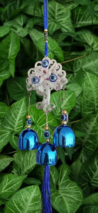 Revashree Craft World Tree with 3 Bells Blue Wall Hanging Blue Evil Eye for Home Entrance Car Door Office for Good Luck Success Prosperity Health Wealth