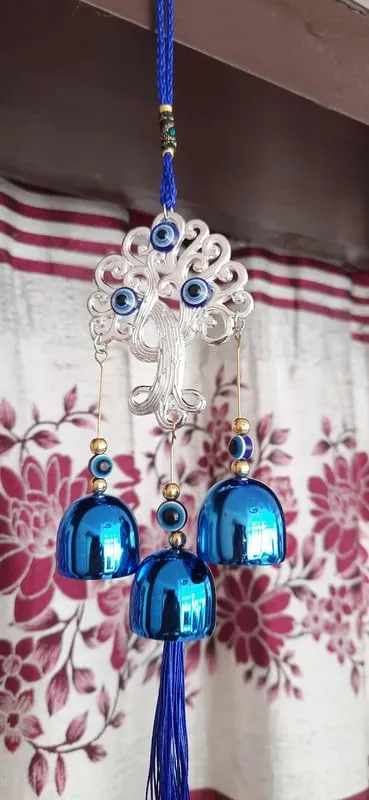 Revashree Craft World Tree with 3 Bells Blue Wall Hanging Evil Eye Wind Chimes for Home Décor Items for Living Room Entrance Balcony Garden for Positive Energy Protection Vastu