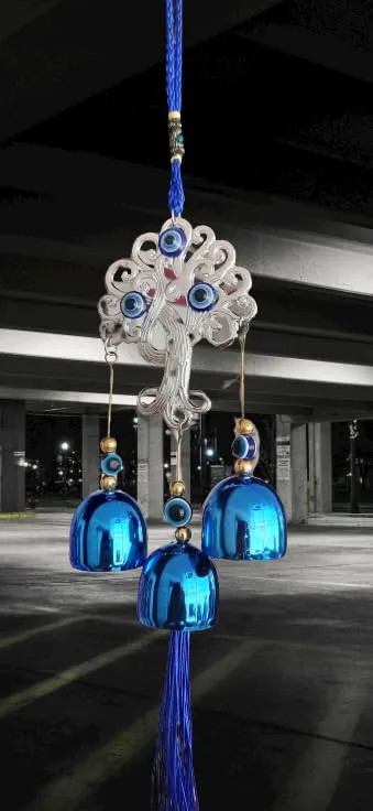 Revashree Craft World Tree with 3 Bells Blue Wall Hanging Evil Eye Wind Chimes for Home Décor Items for Living Room Entrance Balcony Garden for Positive Energy Protection Vastu