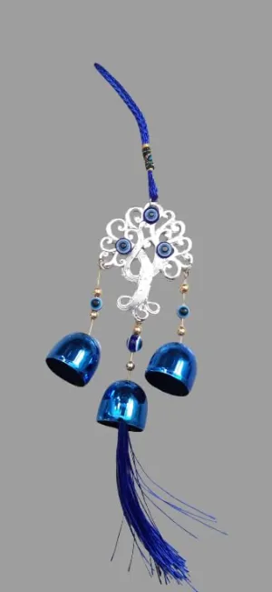 Revashree Craft World Tree with 3 Bells Blue Wall Hanging Evil Eye Wind Chimes for Home Décor Items for Living Room Entrance Balcony Garden for Positive Energy Protection Vastu