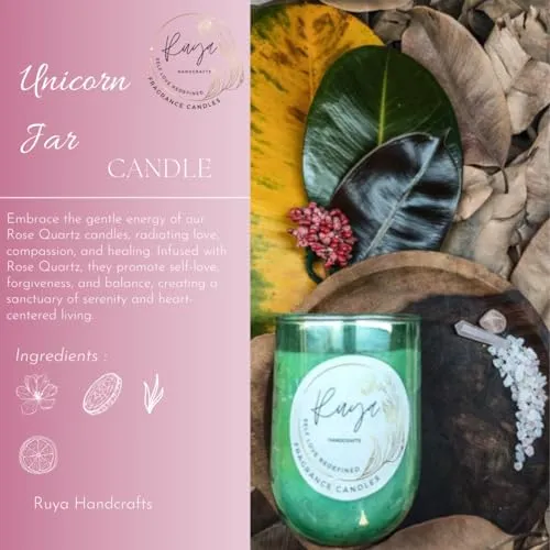 Ruya's Handcrafts Serinity Unicorn Jars Double Wick Rose Quartz Stone | Revealing Delightful Surprises Every Flicker Therapy Candles | Love Spell Candles (Maker's Choice)
