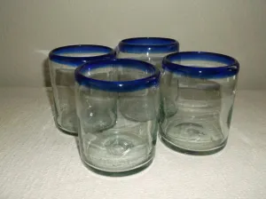 Set of 4 Vintage Hand Blown Drinking Glasses with Cobalt Blue Rim with pontil mark