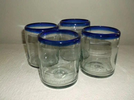 Set of 4 Vintage Hand Blown Drinking Glasses with Cobalt Blue Rim with pontil mark