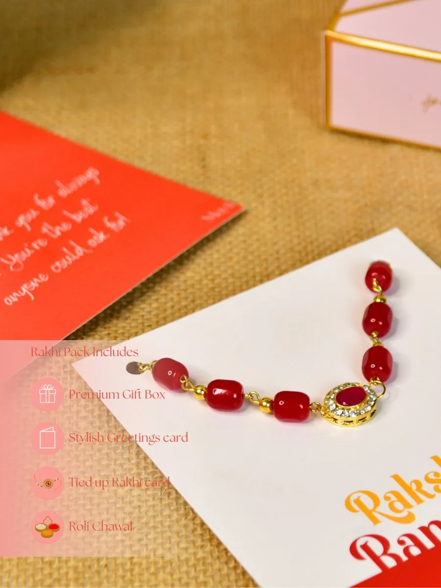 Sowpeace Exquisite Red Beads Rakhi Pack of 1 with Roli Chawal and Greeting card combo for Raksha Bandhan and Gifting