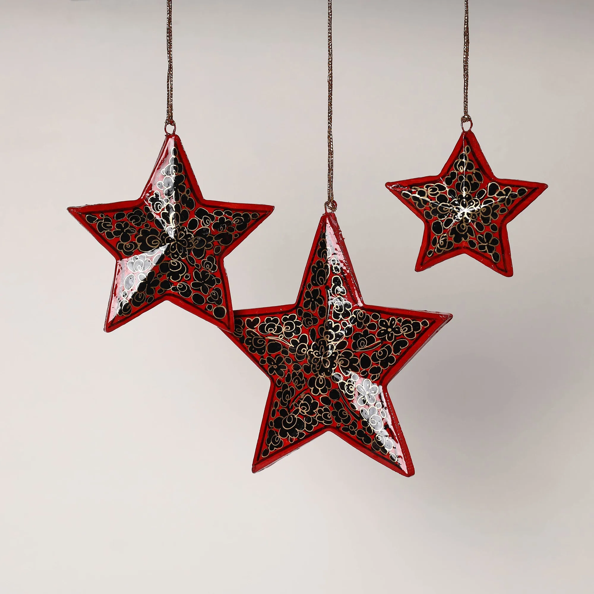 Star - Kashmir Handpainted Wooden Christmas Ornament (Set of 3)