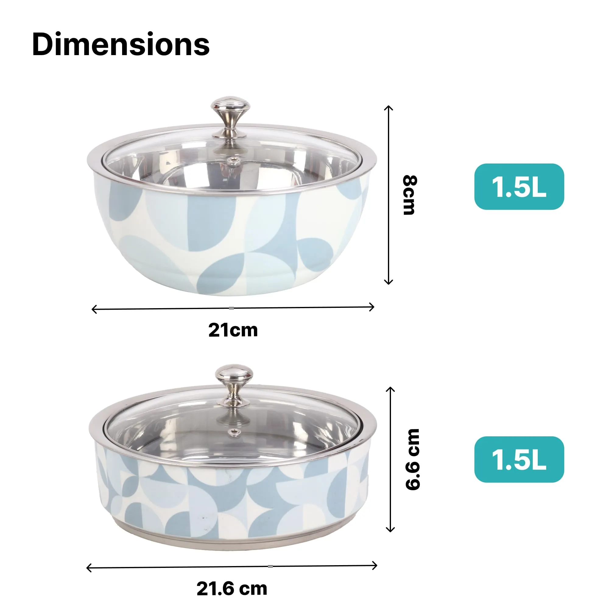 The Better Home Insulated Serving Casserole (2Pcs - 1.5L Each) | Stainless Steel Hotpot with Transparent Glass Lid | Hot Pot for Roti Box | Curry Bowls for Serving | House Warming Gifts for New Home