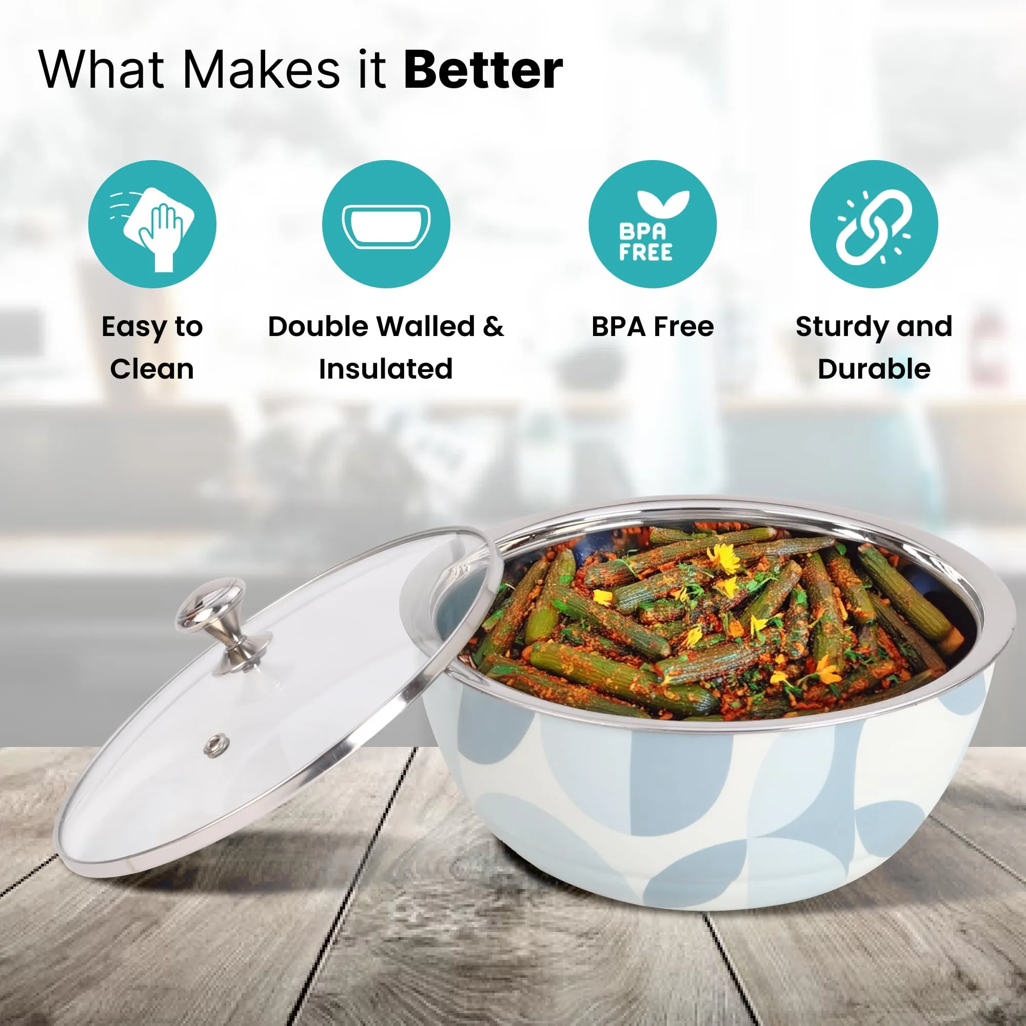 The Better Home Insulated Serving Casserole (2Pcs - 1.5L Each) | Stainless Steel Hotpot with Transparent Glass Lid | Hot Pot for Roti Box | Curry Bowls for Serving | House Warming Gifts for New Home