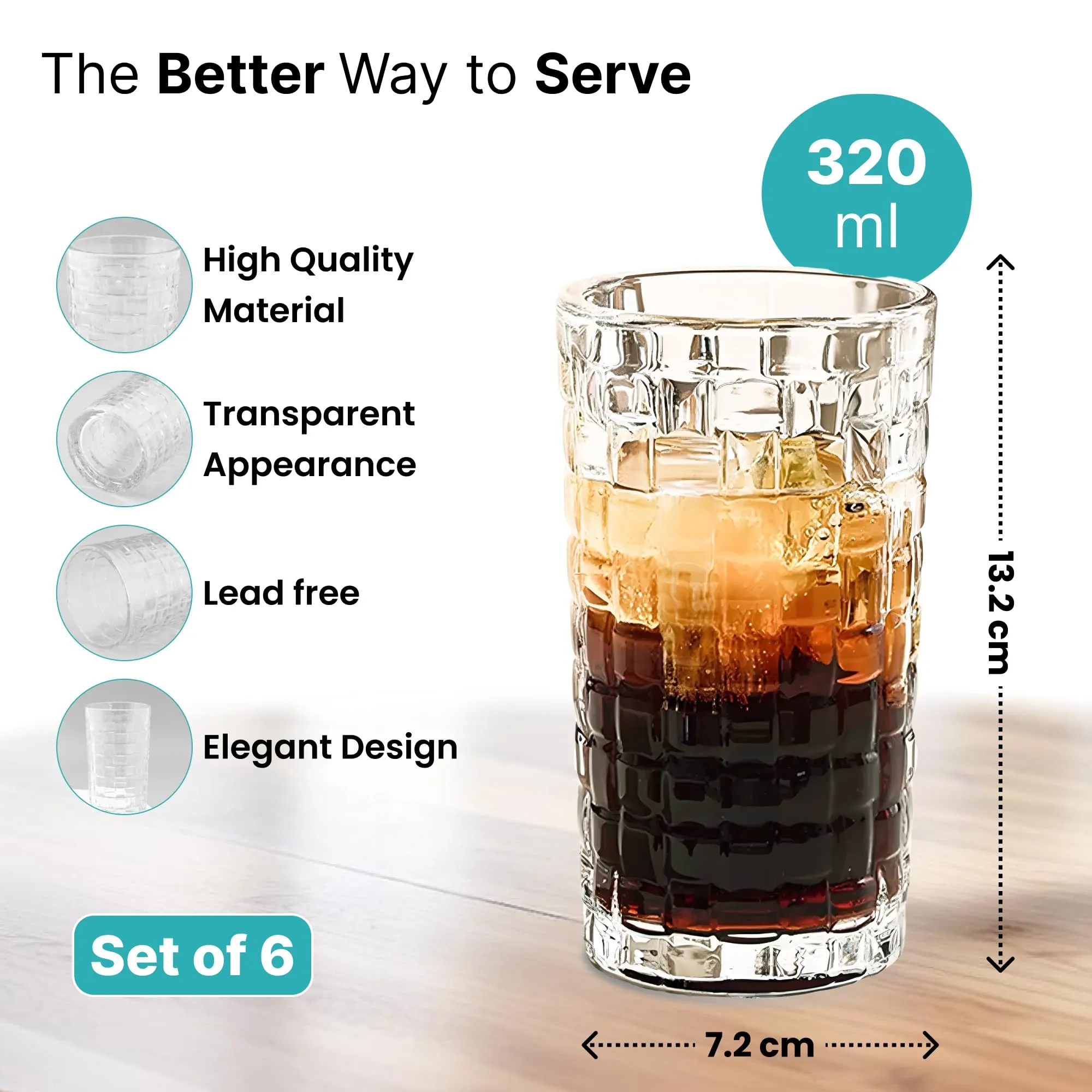 The Better Home Zest Whiskey Glasses Set of 6 (320ml Each) | Lead Free Neat Whiskey Glass | Heavy Bottom Drinking Glass | Crystal Glass for Bar Home | Glass for Drinks | Cocktail Glasses