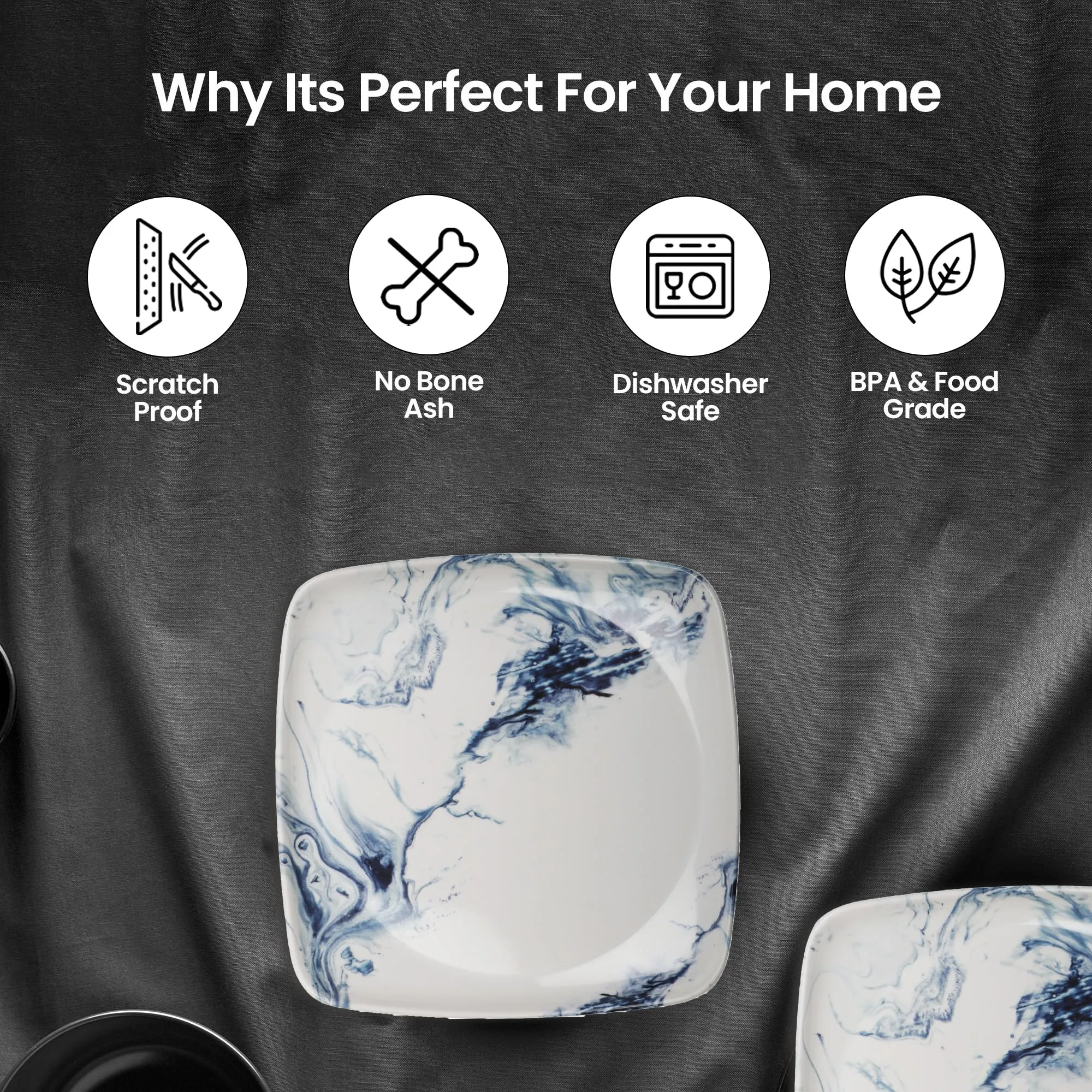 Thermador Melamine 40 Pcs Dinner Set | Crockery Set |6 Dinner Plates, 6 Small Plates, 1 Serving Tray, 3 Big Serving Bowls with Lid, 12 Small Bowls, 6 Spoons, 3 Serving Spoons (Blue White)