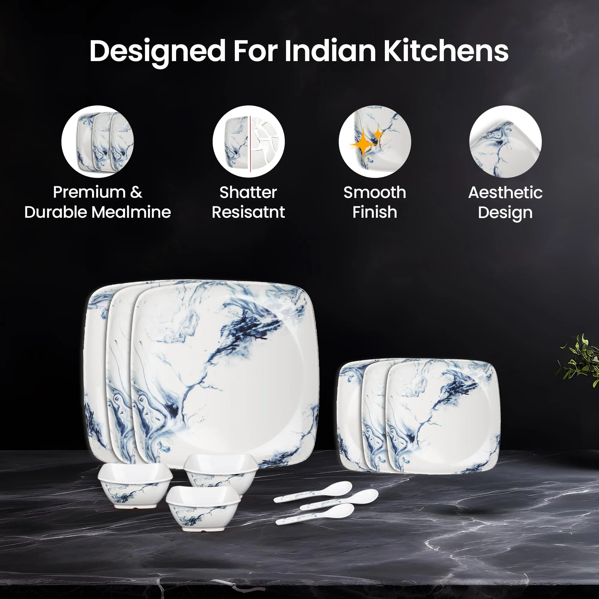 Thermador Melamine 40 Pcs Dinner Set | Crockery Set |6 Dinner Plates, 6 Small Plates, 1 Serving Tray, 3 Big Serving Bowls with Lid, 12 Small Bowls, 6 Spoons, 3 Serving Spoons (Blue White)