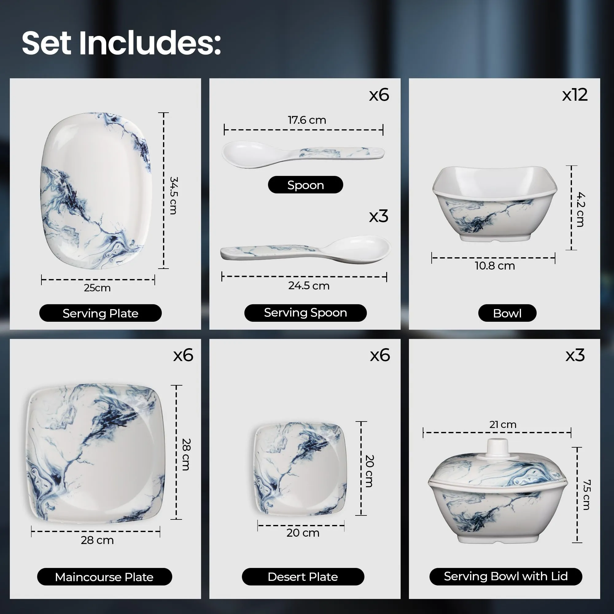 Thermador Melamine 40 Pcs Dinner Set | Crockery Set |6 Dinner Plates, 6 Small Plates, 1 Serving Tray, 3 Big Serving Bowls with Lid, 12 Small Bowls, 6 Spoons, 3 Serving Spoons (Blue White)