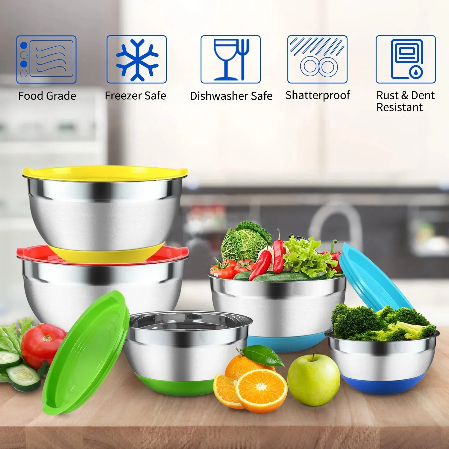 TINANA Mixing Bowls with Lids: 20 Pcs Stainless Steel Mixing Bowls Set with Rubber Bottom, 7, 4, 3.5, 2.5, 2, 1.5QT Metal Mixing Bowls for Kitchen, Multi-Color