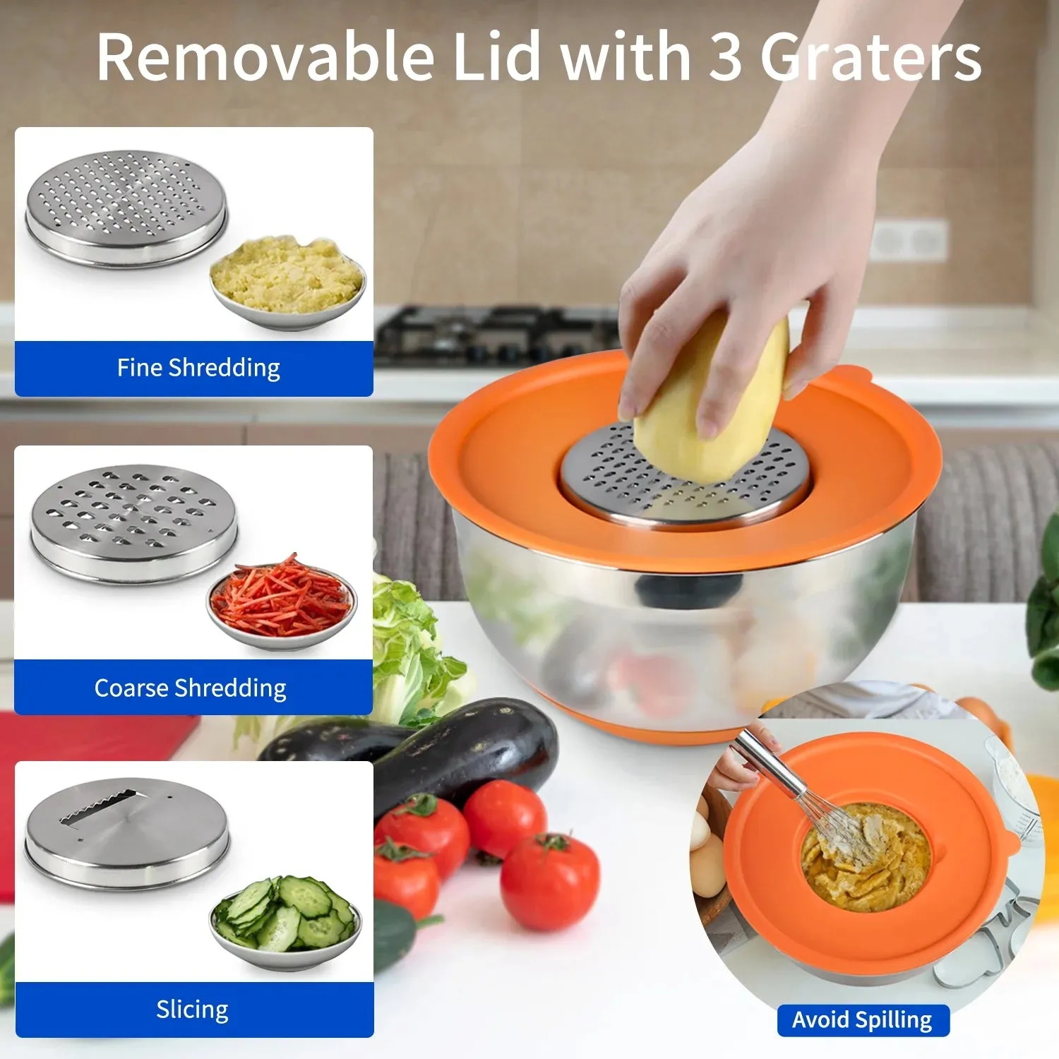 TINANA Mixing Bowls with Lids: 20 Pcs Stainless Steel Mixing Bowls Set with Rubber Bottom, 7, 4, 3.5, 2.5, 2, 1.5QT Metal Mixing Bowls for Kitchen, Multi-Color