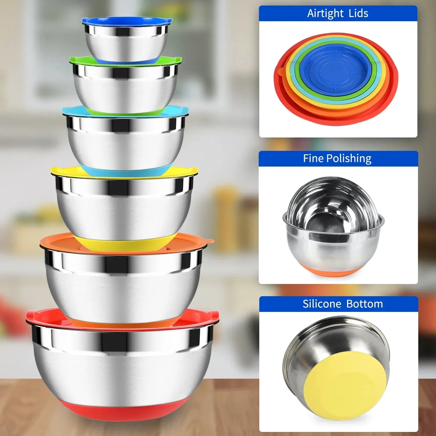 TINANA Mixing Bowls with Lids: 20 Pcs Stainless Steel Mixing Bowls Set with Rubber Bottom, 7, 4, 3.5, 2.5, 2, 1.5QT Metal Mixing Bowls for Kitchen, Multi-Color