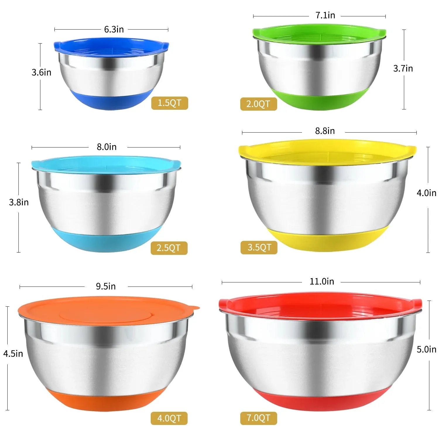 TINANA Mixing Bowls with Lids: 20 Pcs Stainless Steel Mixing Bowls Set with Rubber Bottom, 7, 4, 3.5, 2.5, 2, 1.5QT Metal Mixing Bowls for Kitchen, Multi-Color