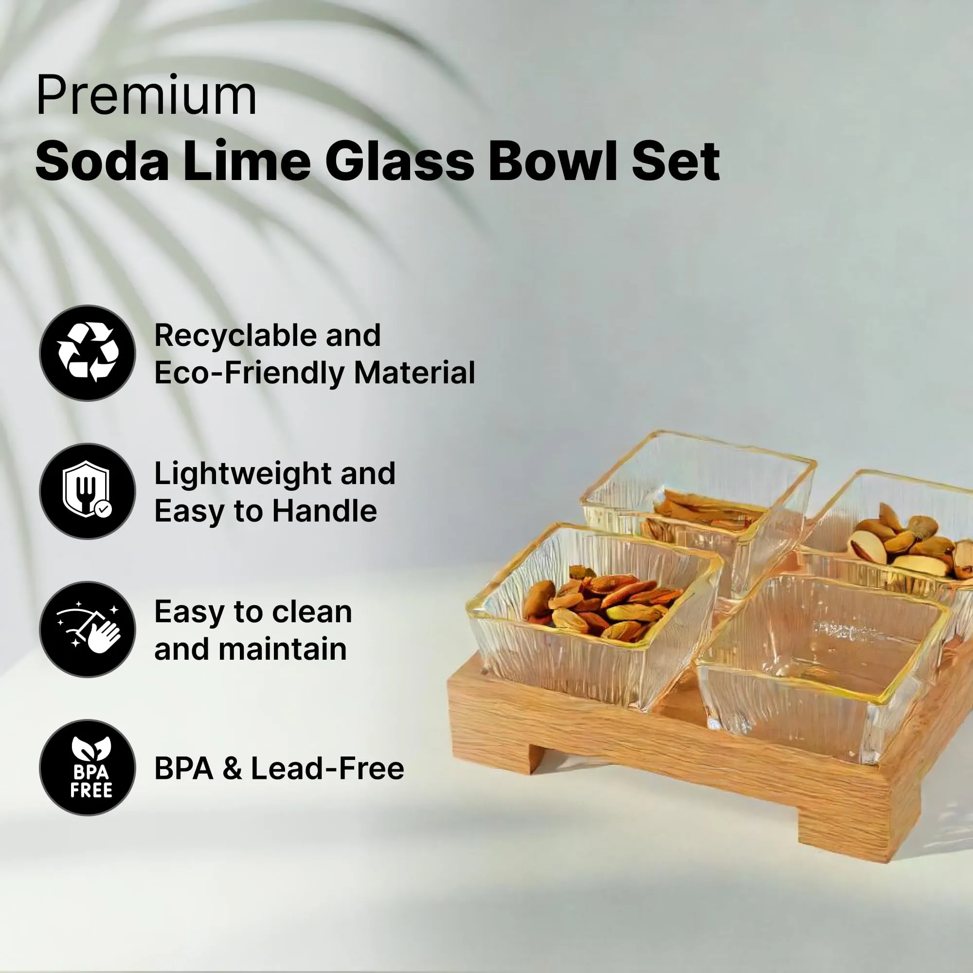 UMAI Platters Serving Set for Snacks with Wooden Tray & 4 Jars (180ml Each) | Premium Soda Lime Glass | Snacks Serving Bowls with Tray | Serving Tray with Bowls for Snacks | Gift for Housewarming